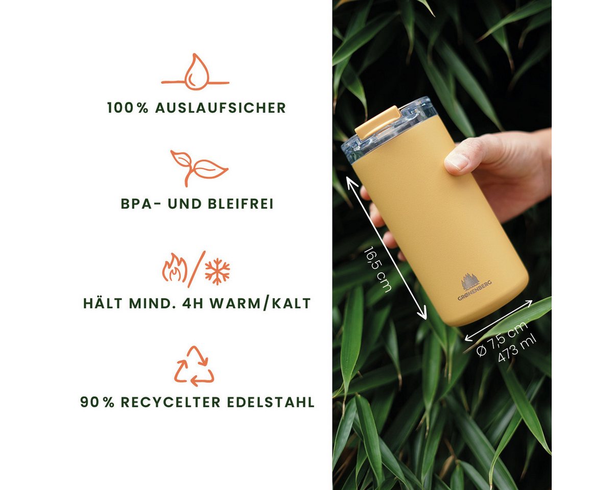 GRØNENBERG Thermobecher Kaffeebecher to go 440ml, 100% Auslaufsicher, Hält mind. 4 h warm, Rutschfest – Bild 2 von 5