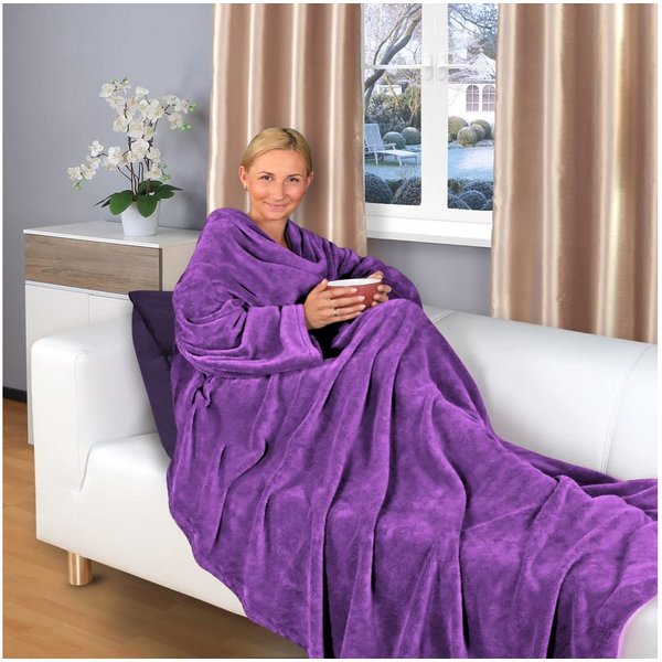 Wohndecke flauschige, tragbare Kuscheldecke mit Ärmeln und Fußtasche 180x150 cm, Gräfenstayn, warme Ärmeldecke - TV Decke zum Anziehen - 180x150cm lila
