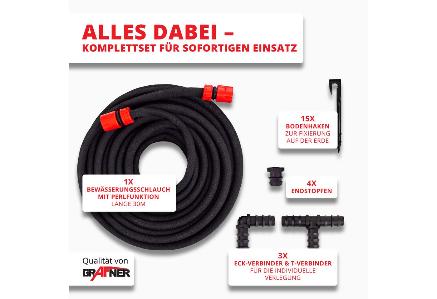 Grafner Bewässerungsschlauch Bewässerungsschlauch 30m mit Perlfunktion Perlregner Perlschlauch, Wasserersparnis bis zu 70%, Adapter von 1/2 Zoll zu 3/4 Zoll – Bild 5 von 5
