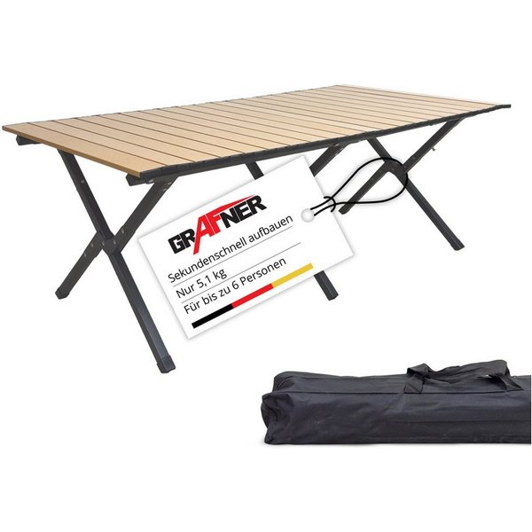 Grafner Campingtisch Rolltisch klappbar Holzoptik 118x58x43 cm inkl. Transporttasche (2-St), Robust, stabil, für bis zu 6 Personen