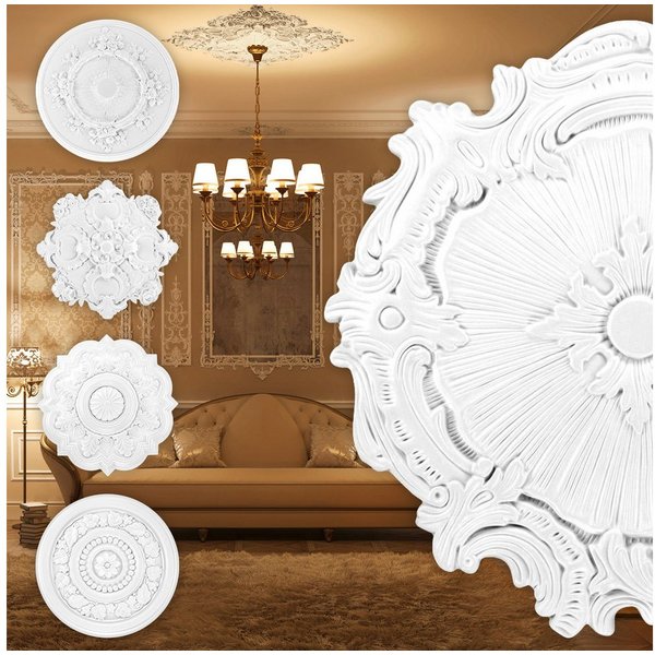 Grand Decor Decken-Rosette (Stuckrosette aus PU hartschaum, weiß, Zierelement, Stuck, Dekorbau Wand Deckenstuck Lampe Wandstuck rund)