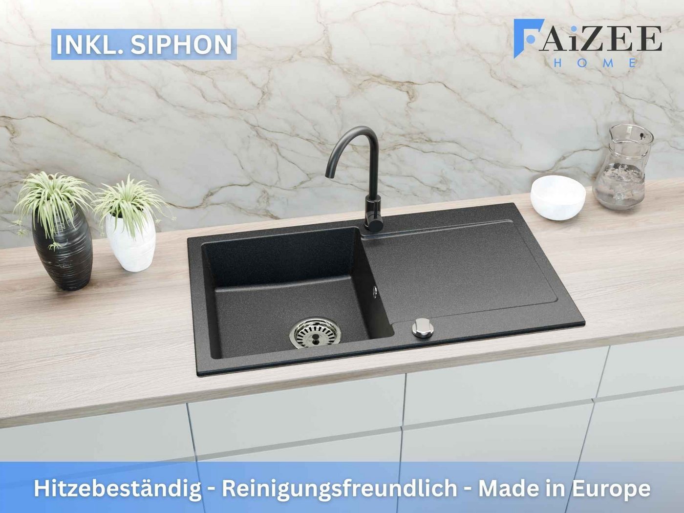 Faizee Home Granitspüle Faizee Home, Granitspüle Element 90x50 cm mit Abtropffläche – Bild 3 von 5