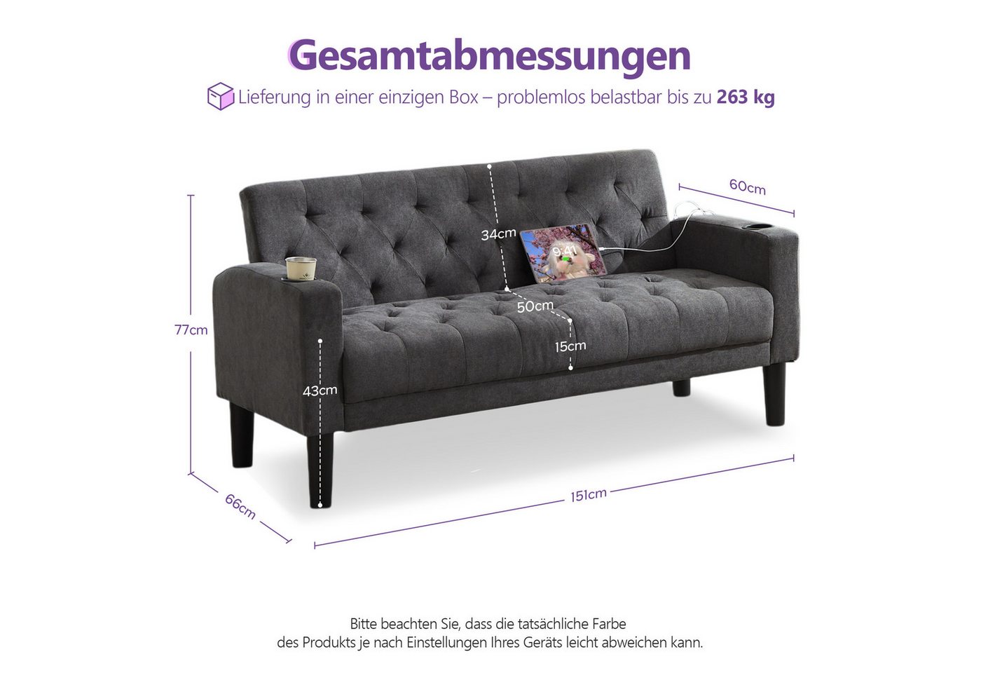 GRAVFORCE Sofa mit Ladeports und Becherhaltern 151cm Blau Samt, 1 Teile, für Wohnzimmer und Büro – Bild 2 von 5