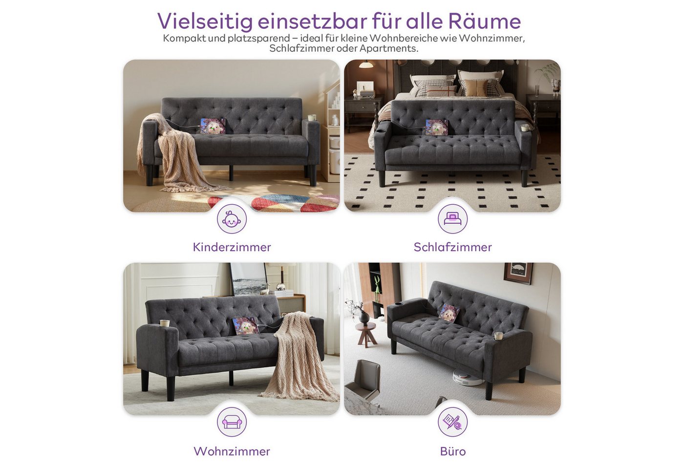 GRAVFORCE Sofa mit Ladeports und Becherhaltern 151cm Blau Samt, 1 Teile, für Wohnzimmer und Büro – Bild 3 von 5