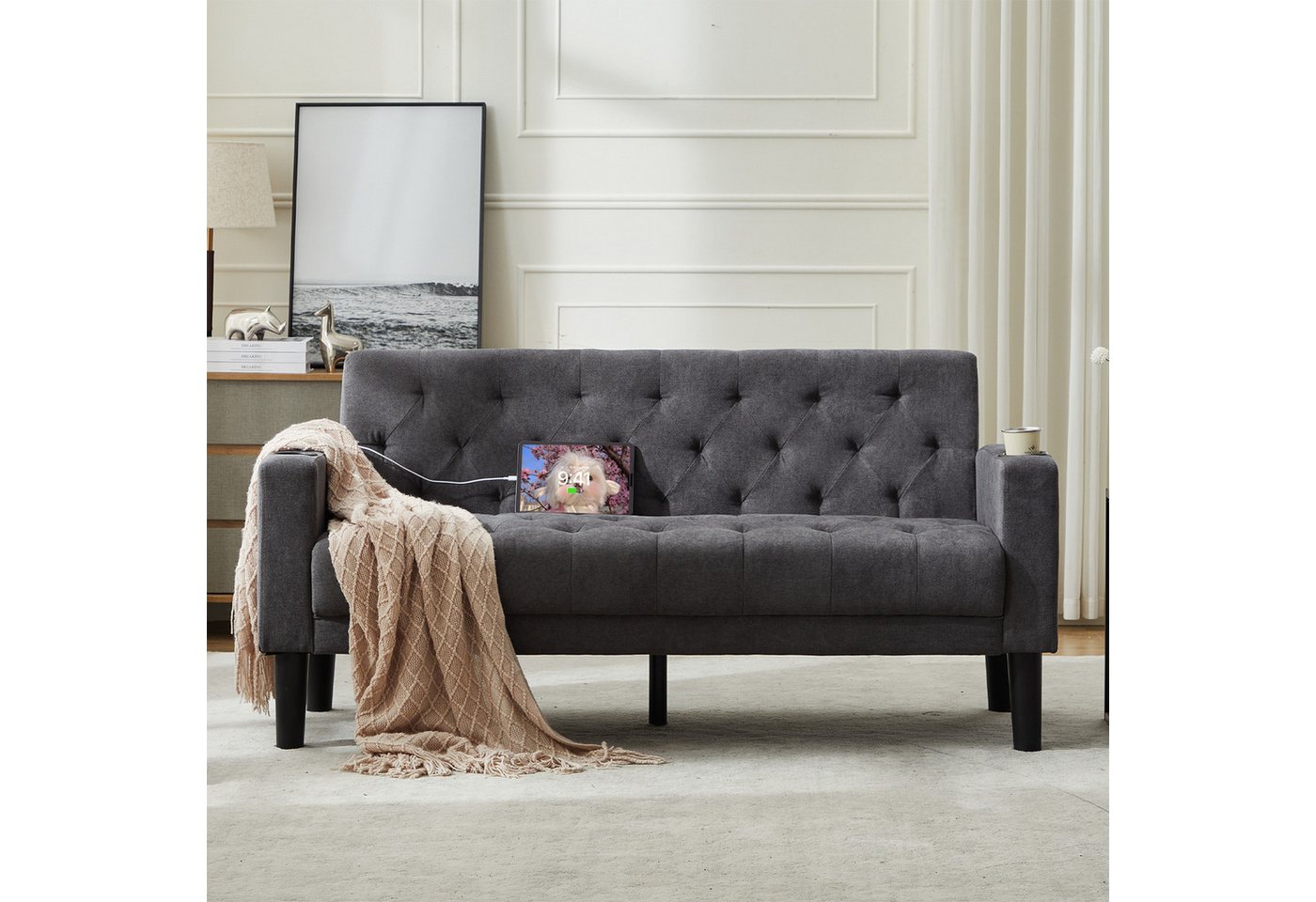 GRAVFORCE Sofa mit Ladeports und Becherhaltern 151cm Blau Samt, 1 Teile, für Wohnzimmer und Büro – Bild 4 von 5