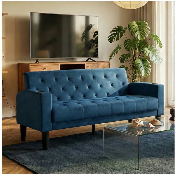 GRAVFORCE Sofa mit Ladeports und Becherhaltern 151cm Blau Samt, 1 Teile, für Wohnzimmer und Büro
