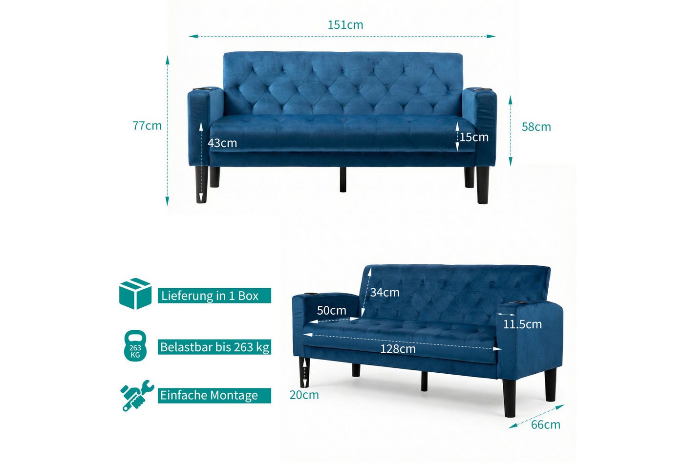 GRAVFORCE Sofa mit Ladeports und Becherhaltern 151cm Blau Samt, 1 Teile, für Wohnzimmer und Büro – Bild 2 von 5