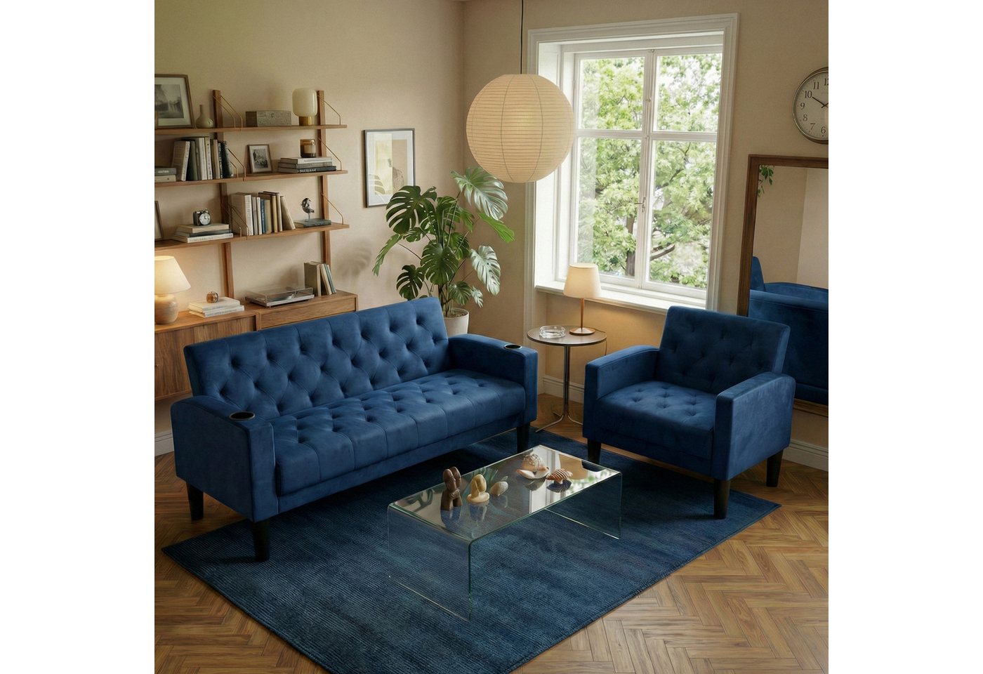 GRAVFORCE Sofa mit Ladeports und Becherhaltern 151cm Blau Samt, 1 Teile, für Wohnzimmer und Büro – Bild 3 von 5