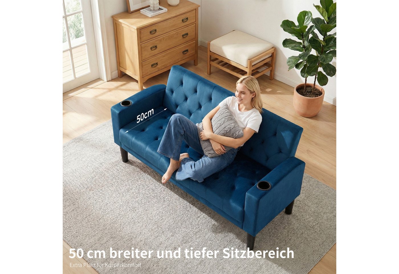 GRAVFORCE Sofa mit Ladeports und Becherhaltern 151cm Blau Samt, 1 Teile, für Wohnzimmer und Büro – Bild 5 von 5