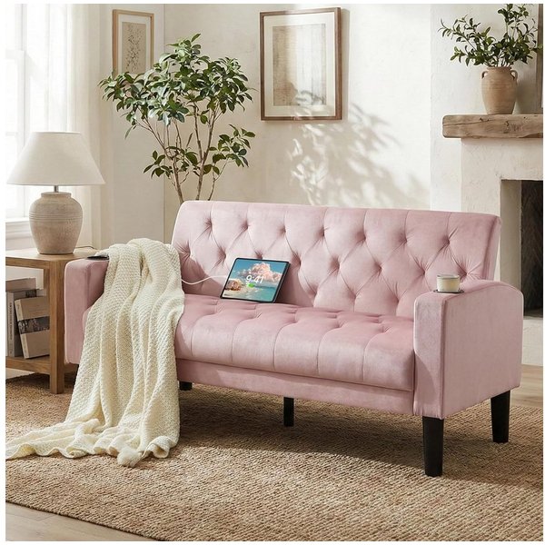GRAVFORCE Sofa mit Ladeports und Becherhaltern 151cm Blau Samt, 1 Teile, für Wohnzimmer und Büro