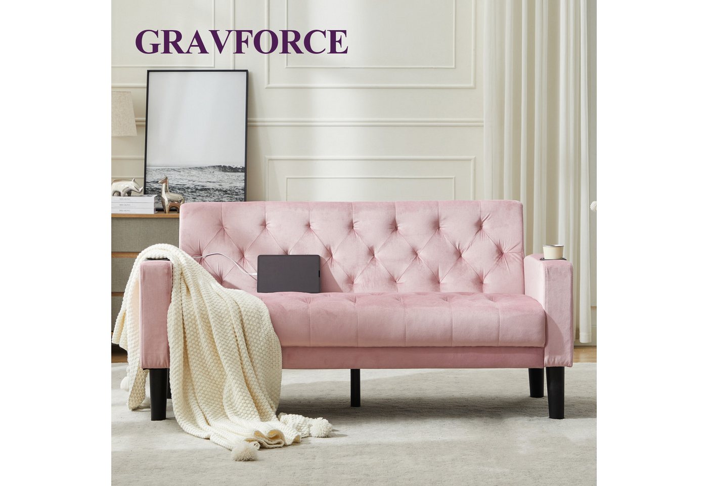 GRAVFORCE Sofa mit Ladeports und Becherhaltern 151cm Blau Samt, 1 Teile, für Wohnzimmer und Büro – Bild 3 von 5
