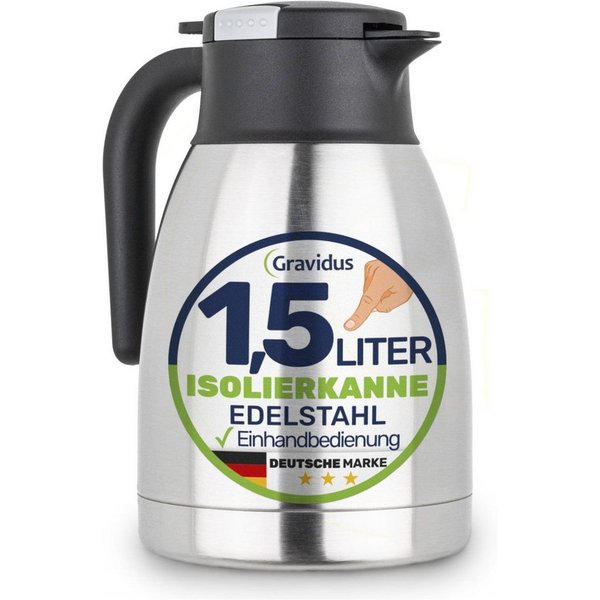 Gravidus Isolierflasche Edelstahl Isolierkanne 1,5 Liter mit Einhandbedienung