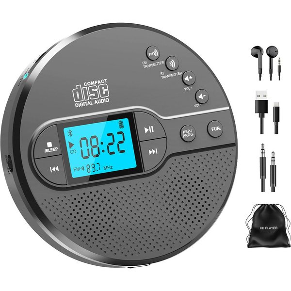 Greadio mit Bluetooth & Akku, FM Transmitter fürs Auto Audio, Schwarz CD-Player (Tragbar, Wiederaufladbar, Anti-Rutsch- & Stoßschutz, Sleep-Timer, Breite Format