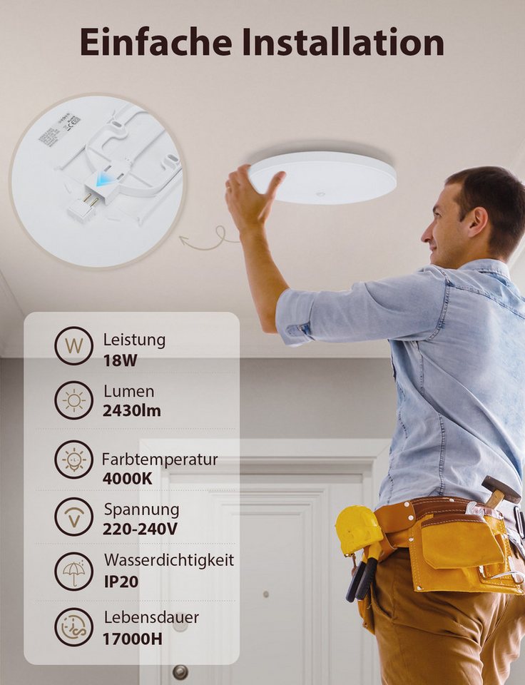 Great Jacob Deckenleuchte LED Deckenlampe mit Bewegungsmelder Innen, mit Dämmerungssensor Lampe, LED fest integriert, Warmweißes Licht, Kaltweißes Licht, Dämmer – Bild 3 von 5