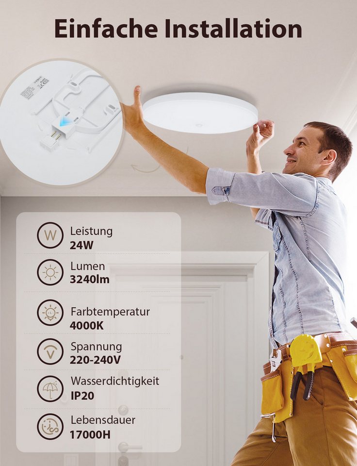 Great Jacob Deckenleuchte LED Deckenlampe mit Bewegungsmelder Innen, mit Dämmerungssensor Lampe, LED fest integriert, Warmweißes Licht, Kaltweißes Licht, Dämmer – Bild 3 von 5