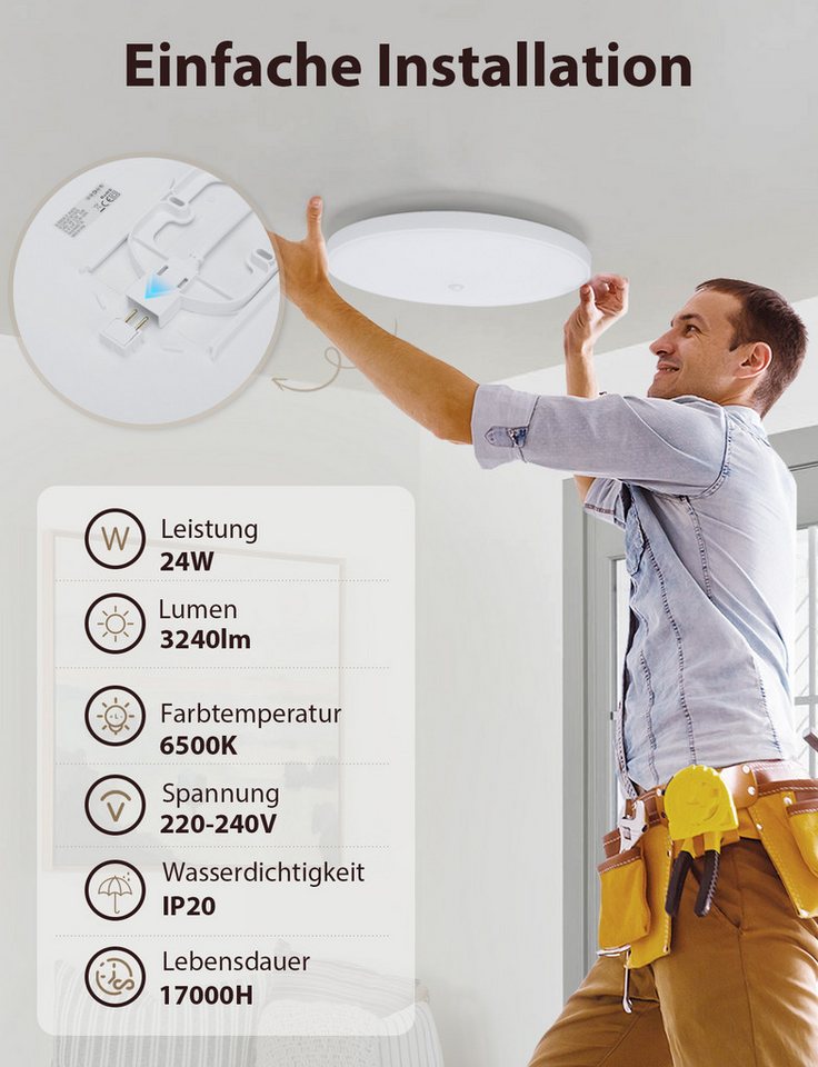 Great Jacob Deckenleuchte LED Deckenlampe mit Bewegungsmelder Innen, mit Dämmerungssensor Lampe, LED fest integriert, Warmweißes Licht, Kaltweißes Licht, Dämmer – Bild 3 von 5