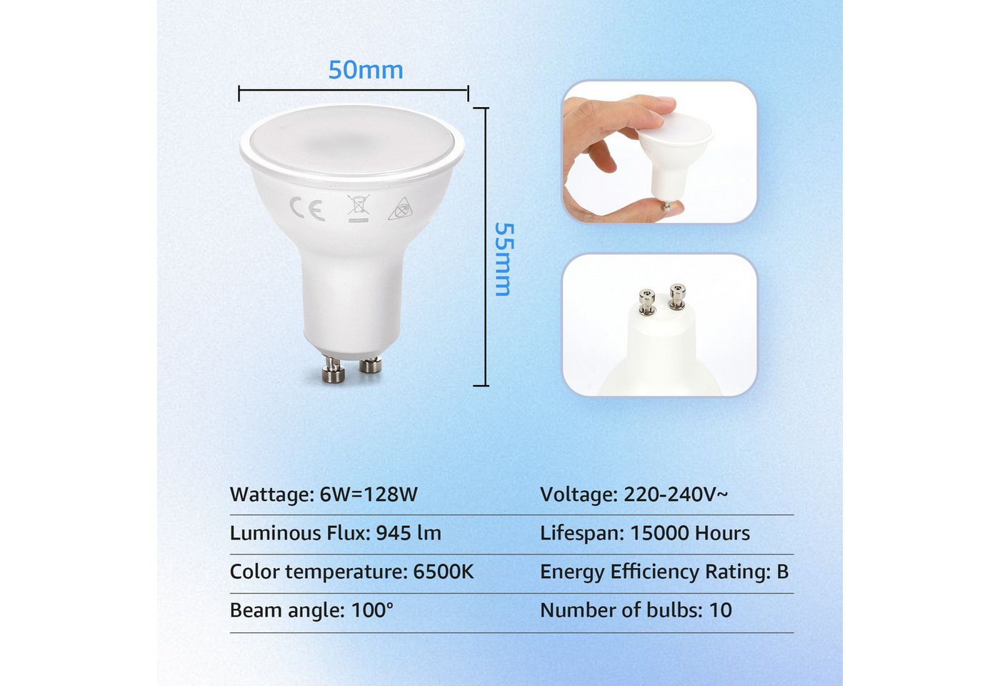 Great Jacob LED-Leuchtmittel GU10 LED Lampe, Glühbirnen Warmweiß 3000K, 6W Ersetzt 128W, 945Lm – Bild 2 von 5