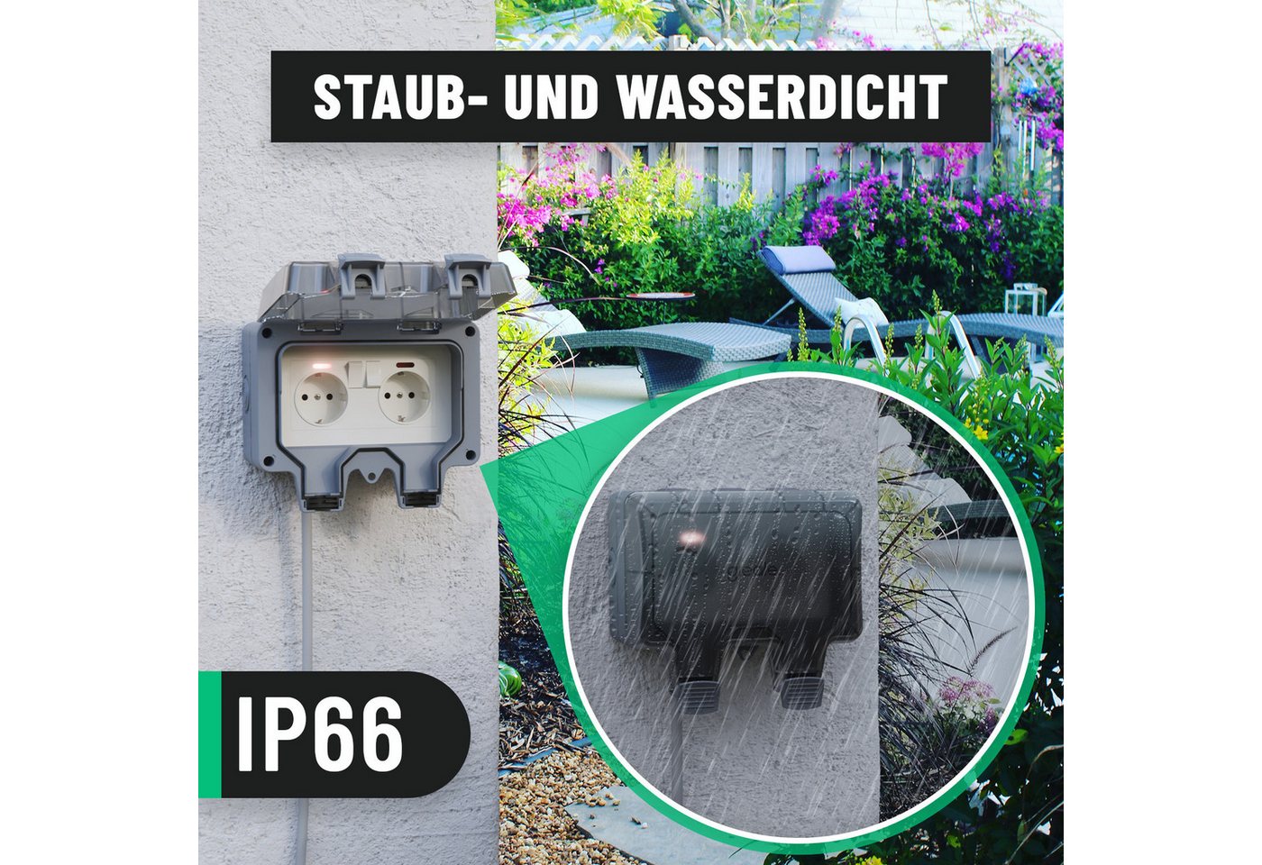 greate. 1x abschließbare Außensteckdose + Schalter - 2fach wasserdicht IP66 Steckdosenleiste – Bild 2 von 5