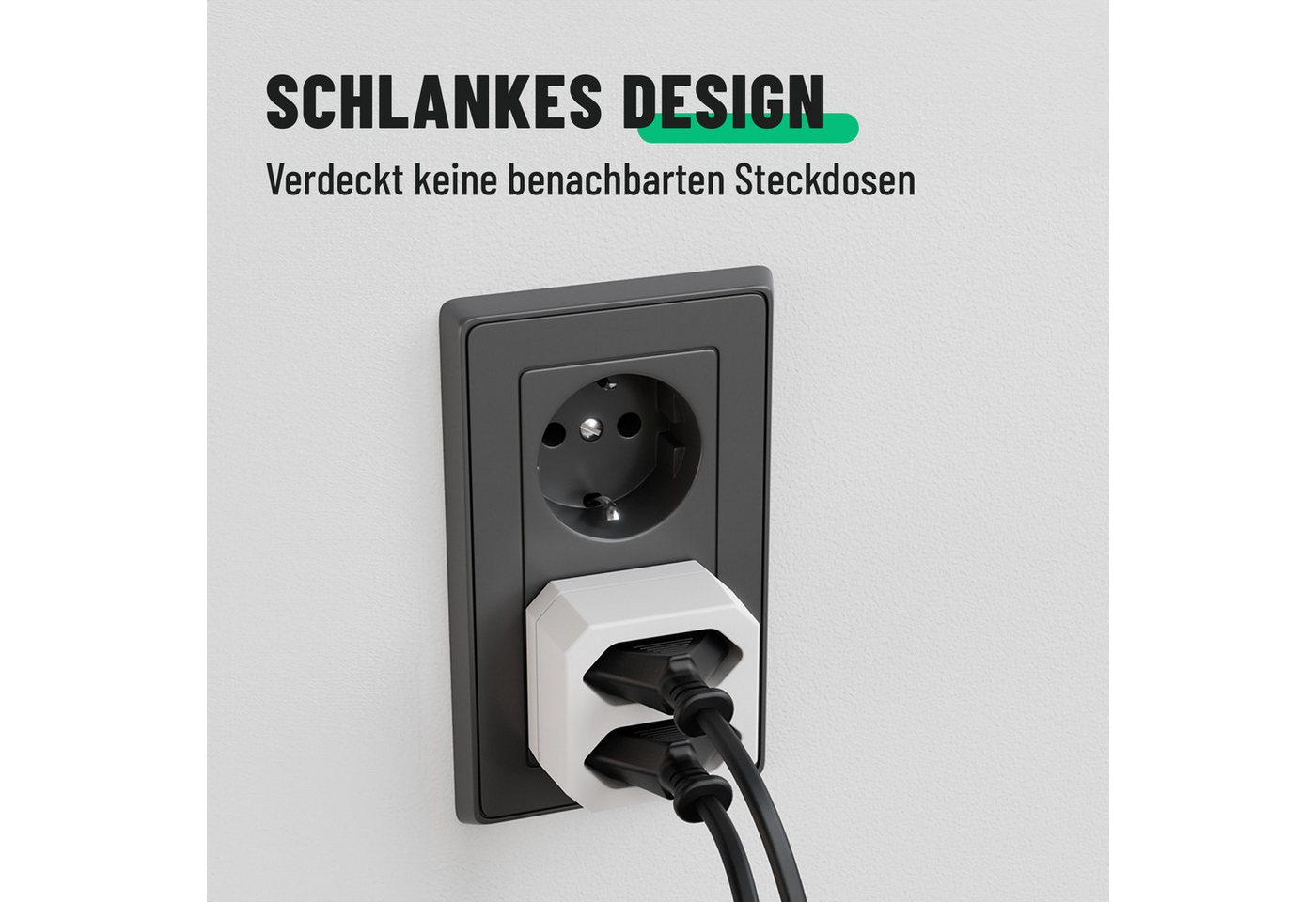greate. 2fach Steckdosenadapter bis 1100W - 2er Mehrfachsteckdose ohne Kabel Mehrfachsteckdose 2-fach (Erhöhter Berührungsschutz) – Bild 2 von 5