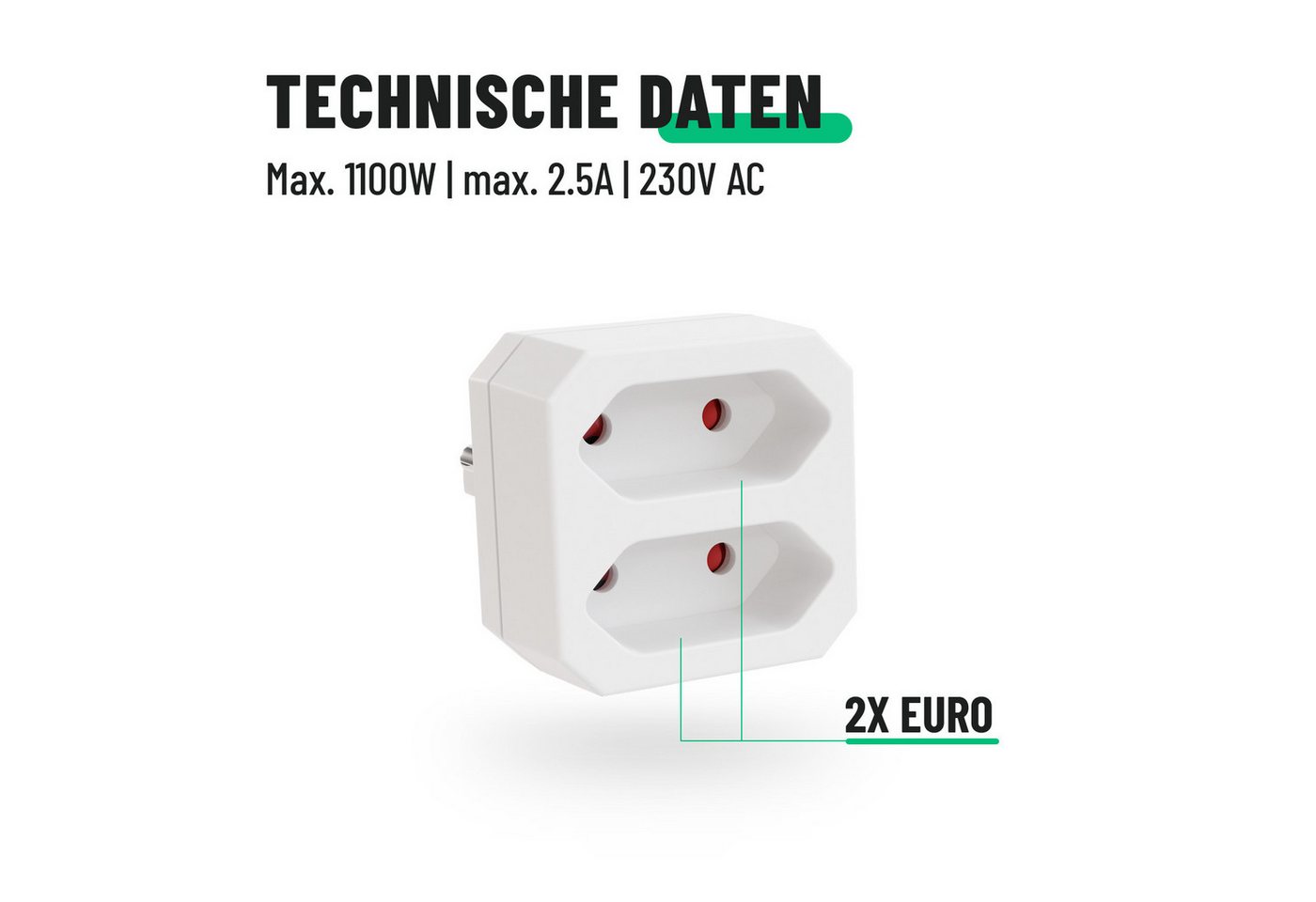 greate. 2fach Steckdosenadapter bis 1100W - 2er Mehrfachsteckdose ohne Kabel Mehrfachsteckdose 2-fach (Erhöhter Berührungsschutz) – Bild 5 von 5