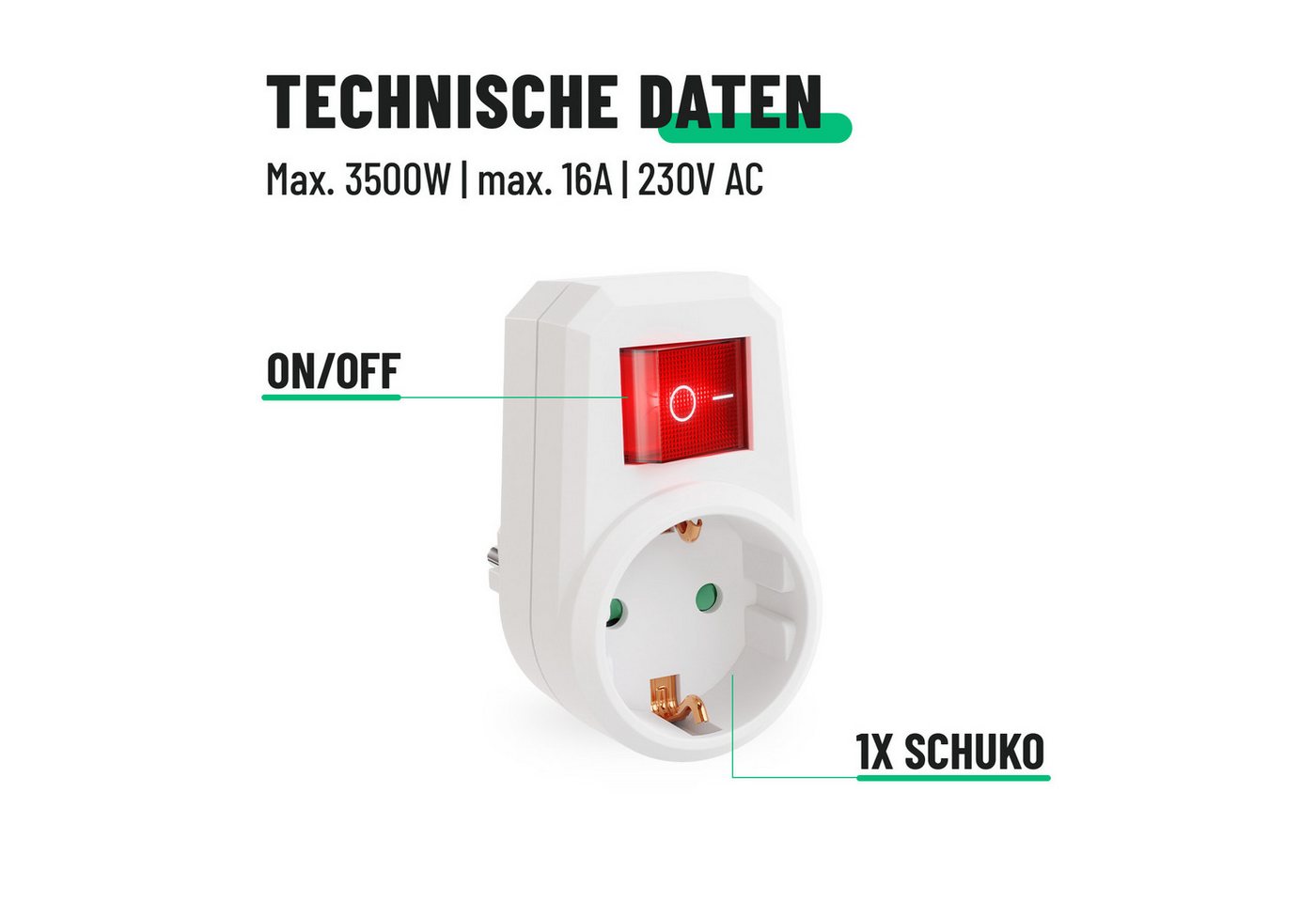 greate. 3x 1fach Steckdosenadapter mit Schalter - Zwischenschalter ohne Kabel Mehrfachsteckdose – Bild 5 von 5