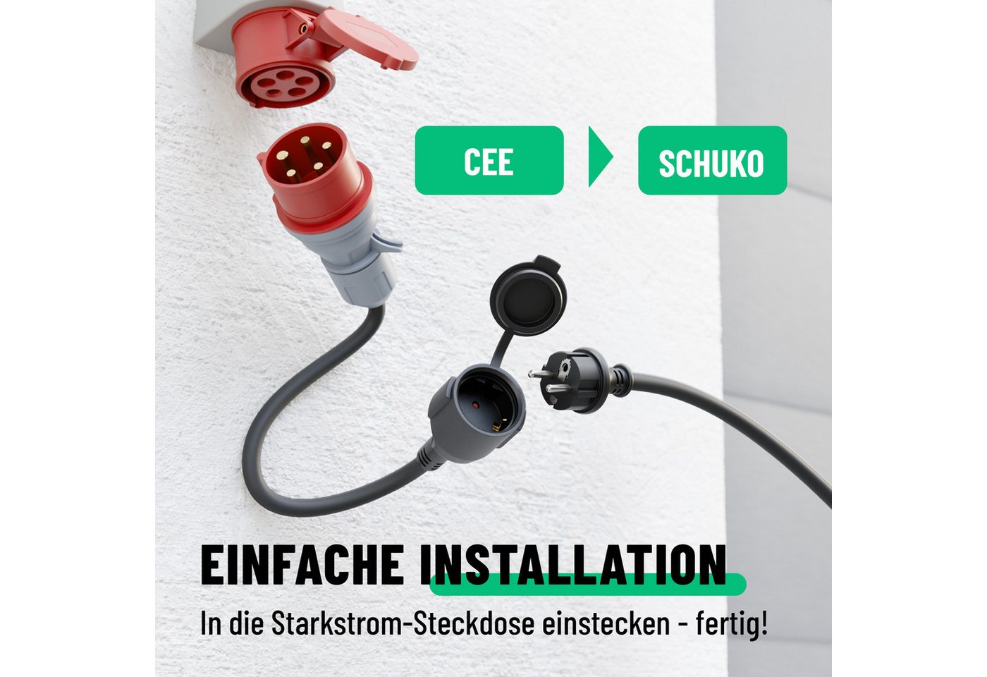 greate. CEE Adapter 16A auf Schuko Kupplung - Adapter Starkstrom auf 230V 16A CEE-Adapterkabel CEE zu Schuko, 50 cm, Schutzklasse IP44 spritzwassergeschützt – Bild 3 von 5