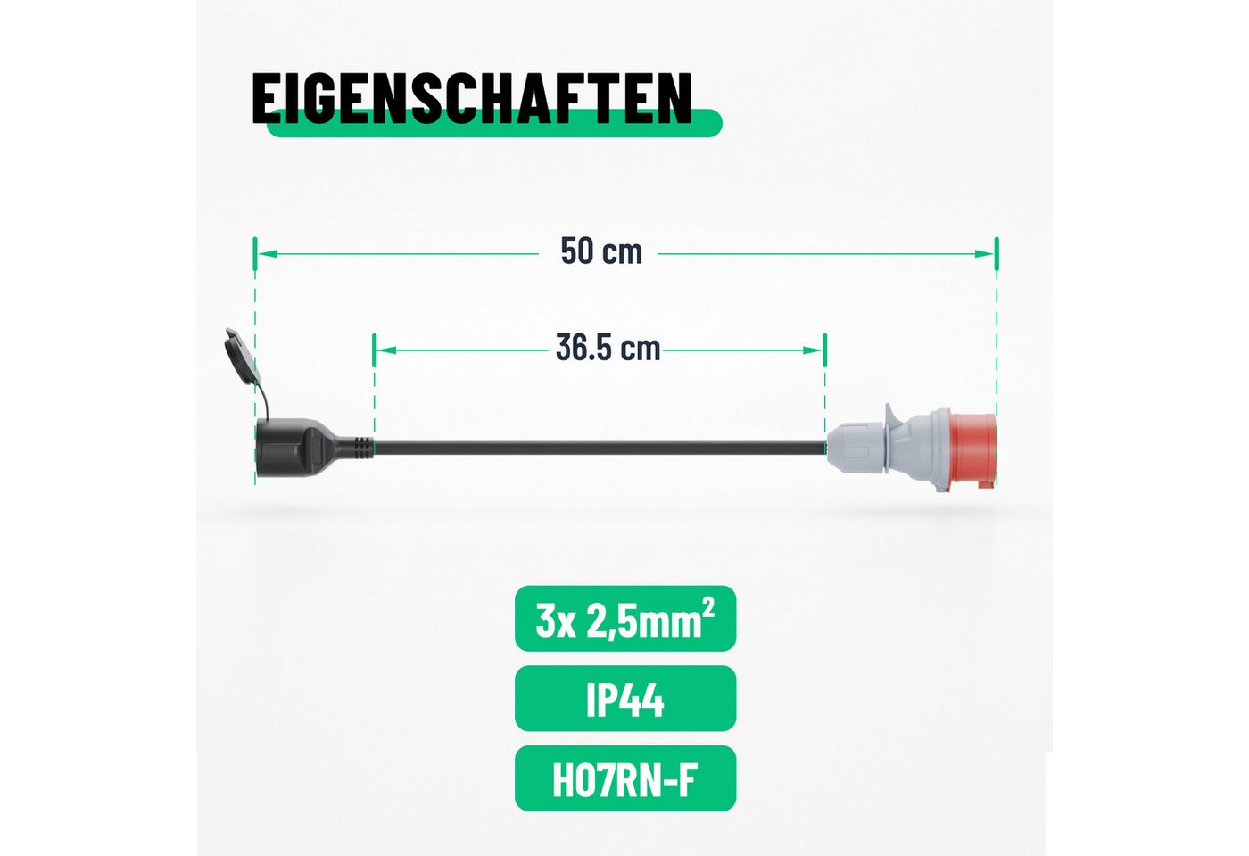 greate. CEE Adapter 16A auf Schuko Kupplung - Adapter Starkstrom auf 230V 16A CEE-Adapterkabel CEE zu Schuko, 50 cm, Schutzklasse IP44 spritzwassergeschützt – Bild 5 von 5