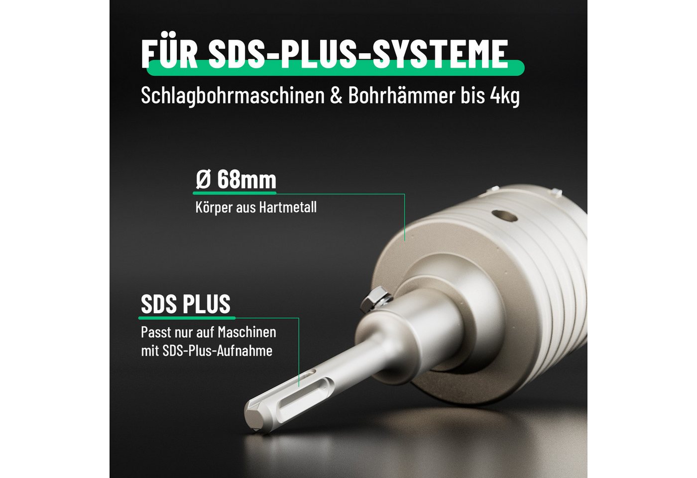 greate. Hohlbohrkrone Bohrkrone 68mm SDS Plus mit Zentrierbohrer - Dosenbohrer Trockenbau, Ø 68 mm, 1-tlg. – Bild 5 von 5