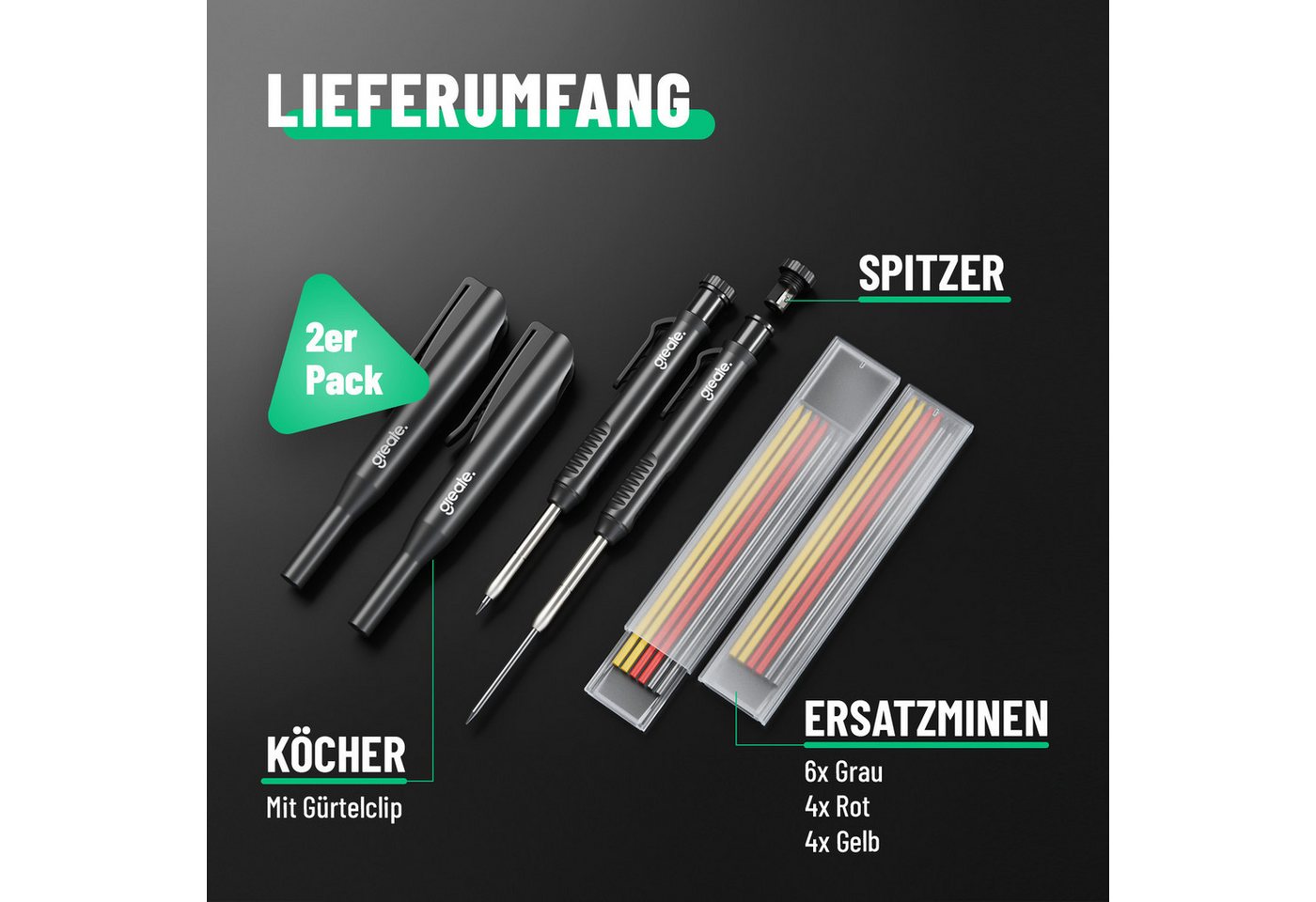 greate. Marker 2x Tieflochmarker Bleistift - Handwerker Bleistift Baustelle, (2-tlg), inklusive Spitzer – Bild 3 von 5