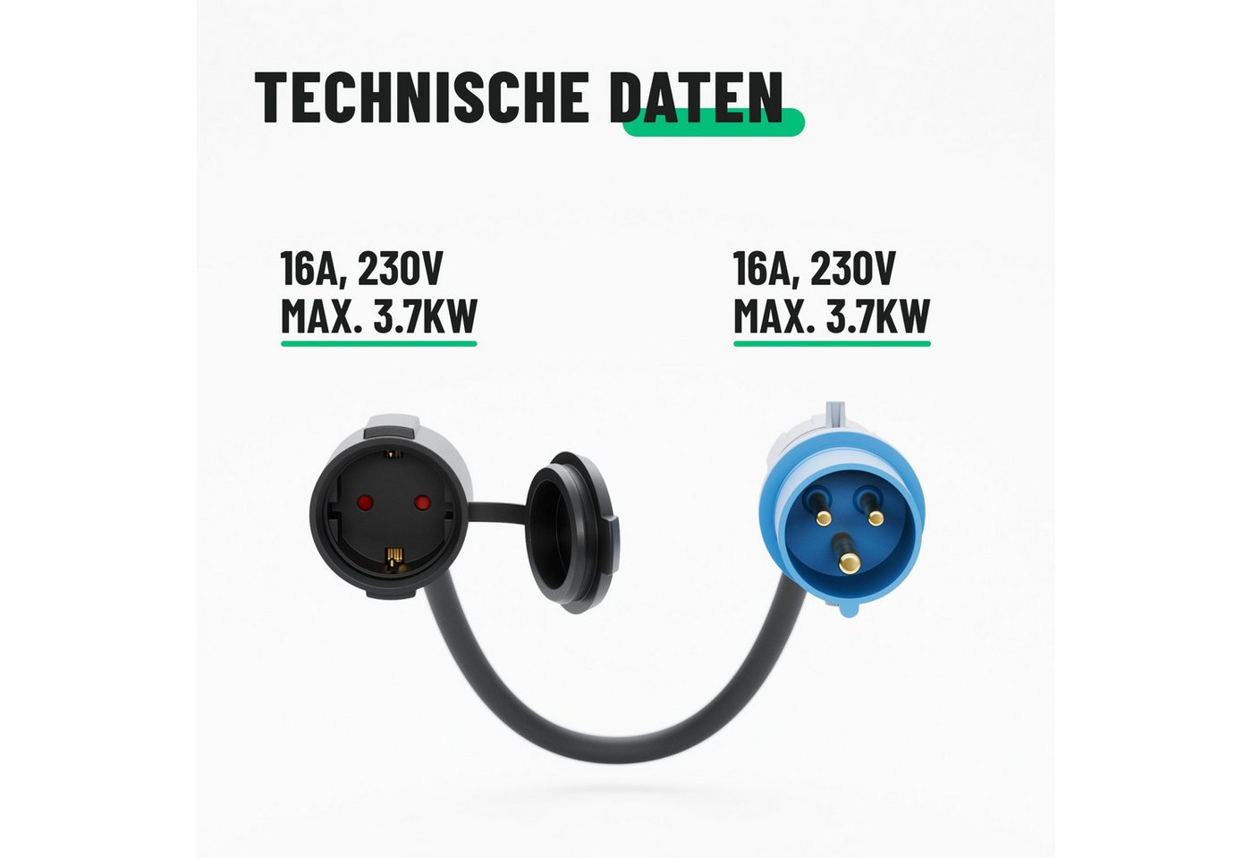 greate. Schuko Stecker auf CEE Kupplung & CEE Stecker auf Schuko Kupplung CEE-Adapterkabel, Schutz gegen Spritzwasser & Staub - Robuster PVC Stecker – Bild 2 von 5