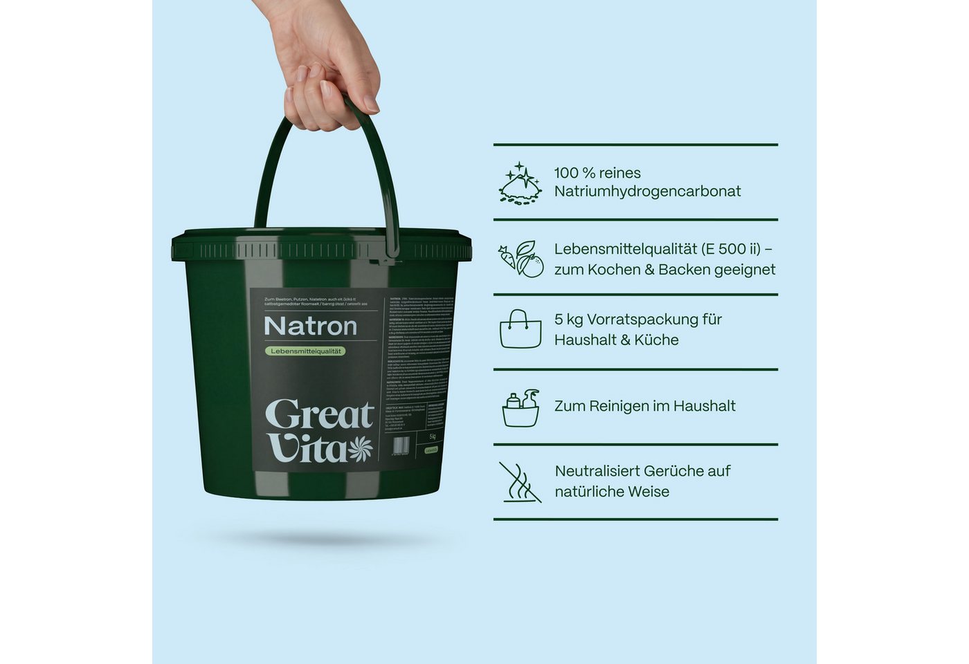 GreatVita Backzutat Natron Pulver 5kg Eimer Lebensmittelqualität - Baking Soda – Bild 2 von 5