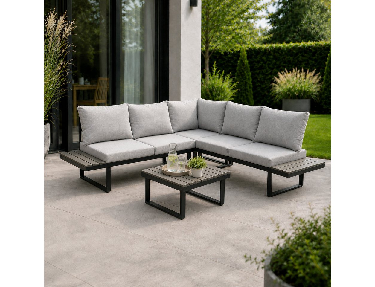 Greemotion Gartenlounge-Set Pisa Ecklounge Stahl grau mit Tisch Auflagen und Liegefunktion, (4-tlg), inkl. Auflagen – Bild 2 von 5