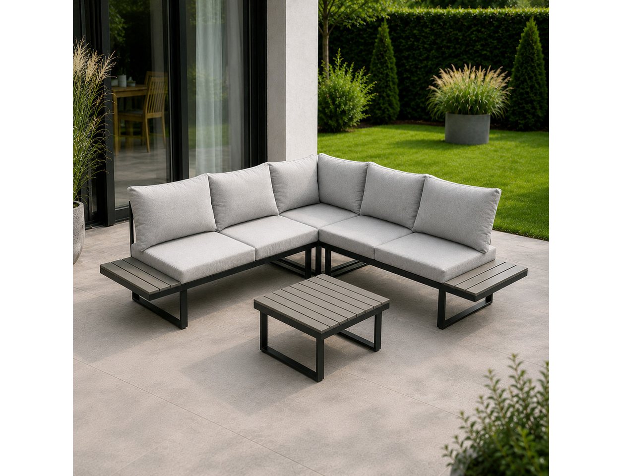Greemotion Gartenlounge-Set Pisa Ecklounge Stahl grau mit Tisch Auflagen und Liegefunktion, (4-tlg), inkl. Auflagen – Bild 3 von 5
