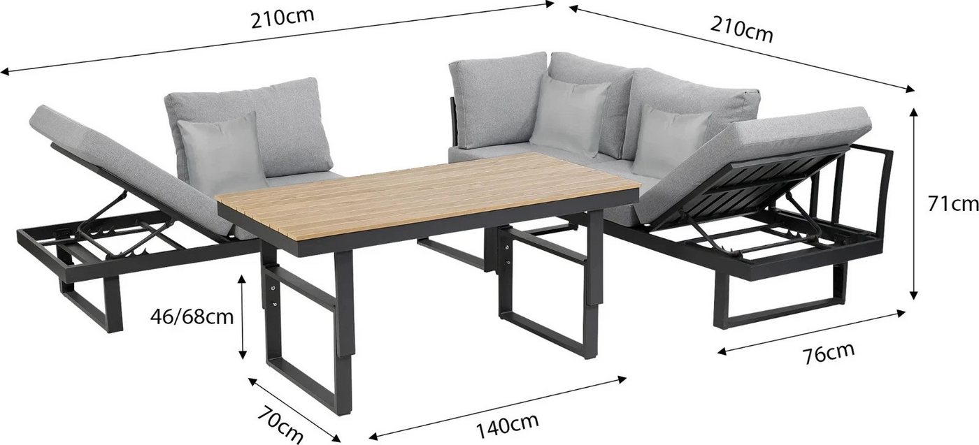 Greemotion Gartenlounge-Set San Jose, Loungemöbel Outdoor, Alu-Teak, Esstisch & Liegefunktion, (inkl. Auflagen), Farbe Schwarz/Grau – Bild 2 von 5