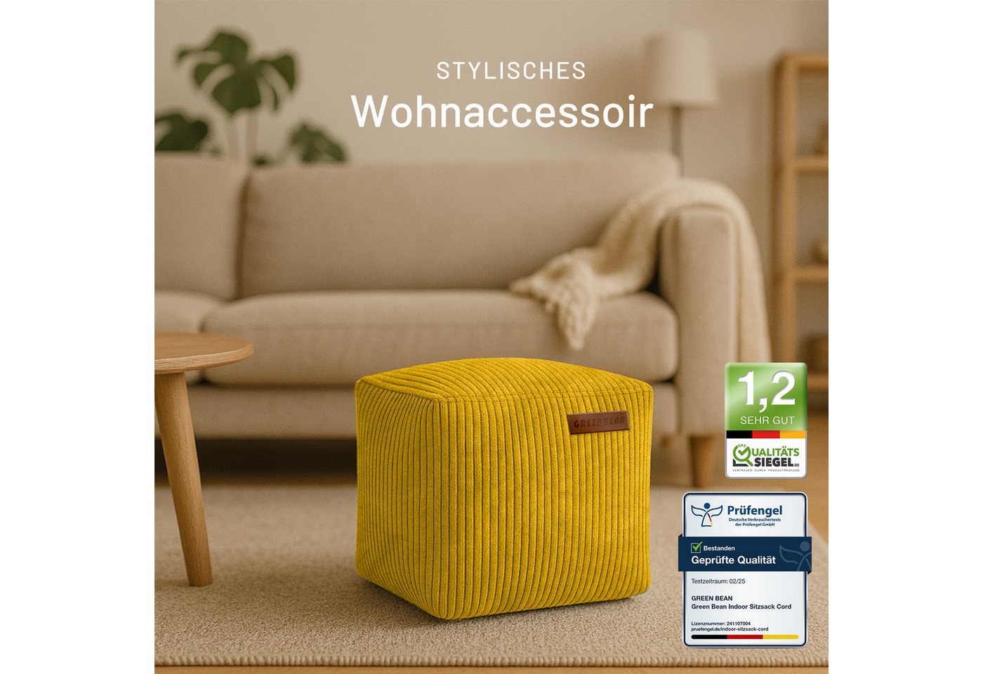 Green Bean Pouf Cube Cord (Indoor Sitzhocker Sitzkissen Fußhocker Relax-Sessel, Made in Germany), die ideale Ergänzung zum Sitzsack – Bild 3 von 5
