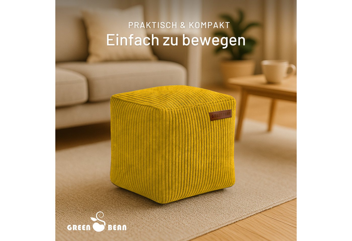 Green Bean Pouf Cube Cord (Indoor Sitzhocker Sitzkissen Fußhocker Relax-Sessel, Made in Germany), die ideale Ergänzung zum Sitzsack – Bild 5 von 5