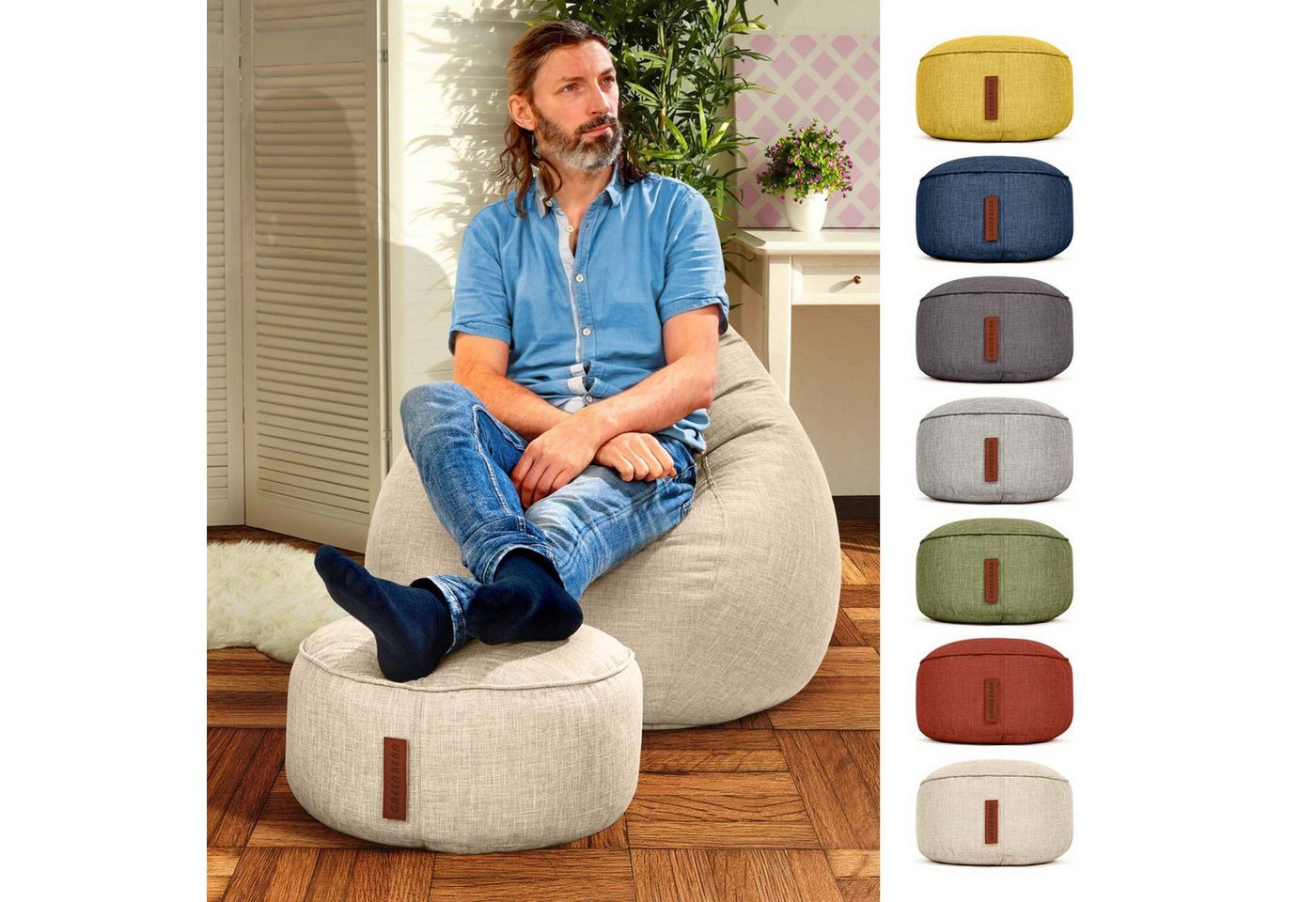 Green Bean Pouf Sitzsack-Hocker Home Linen 45x25cm (Sitzsack-Hocker 45x25cm mit EPS-Perlen Füllung -, Fußhocker Fußkissen Sitz-Pouf für Sitzsäcke), Bodenkissen  – Bild 2 von 5