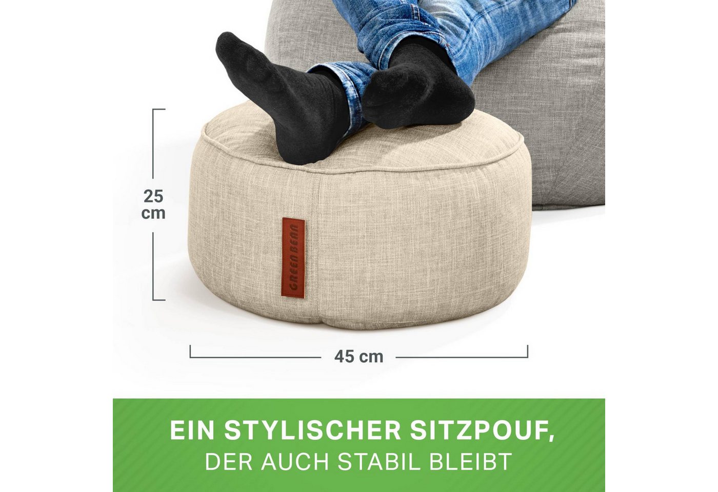 Green Bean Pouf Sitzsack-Hocker Home Linen 45x25cm (Sitzsack-Hocker 45x25cm mit EPS-Perlen Füllung -, Fußhocker Fußkissen Sitz-Pouf für Sitzsäcke), Bodenkissen  – Bild 3 von 5