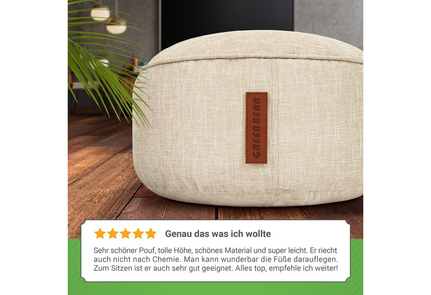 Green Bean Pouf Sitzsack-Hocker Home Linen 45x25cm (Sitzsack-Hocker 45x25cm mit EPS-Perlen Füllung -, Fußhocker Fußkissen Sitz-Pouf für Sitzsäcke), Bodenkissen  – Bild 4 von 5