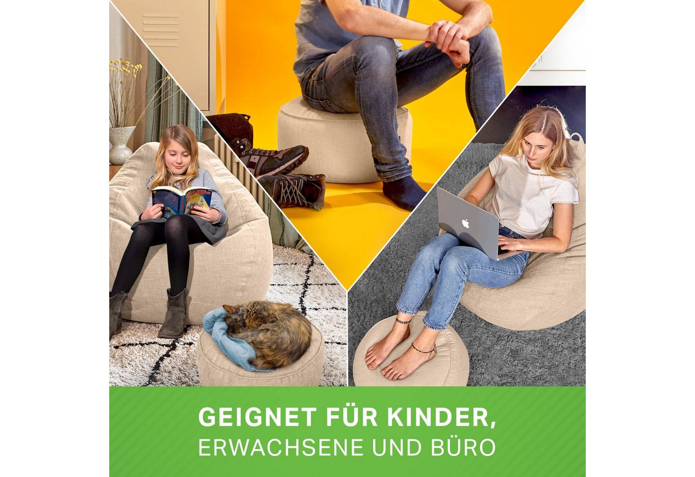 Green Bean Pouf Sitzsack-Hocker Home Linen 45x25cm (Sitzsack-Hocker 45x25cm mit EPS-Perlen Füllung -, Fußhocker Fußkissen Sitz-Pouf für Sitzsäcke), Bodenkissen  – Bild 5 von 5