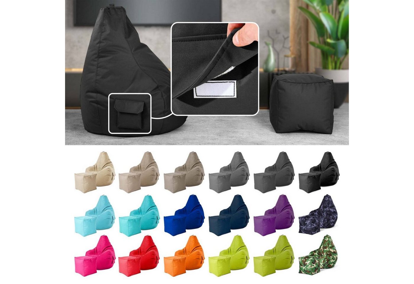 Green Bean Sitzsack Gaming Sitzsack + Hocker Cozy+Cube (2er Set Sitzsack + Hocker - fertig befüllt - robust waschbar schmutzabweisend -, Kinder & Erwachsene Bea – Bild 2 von 5