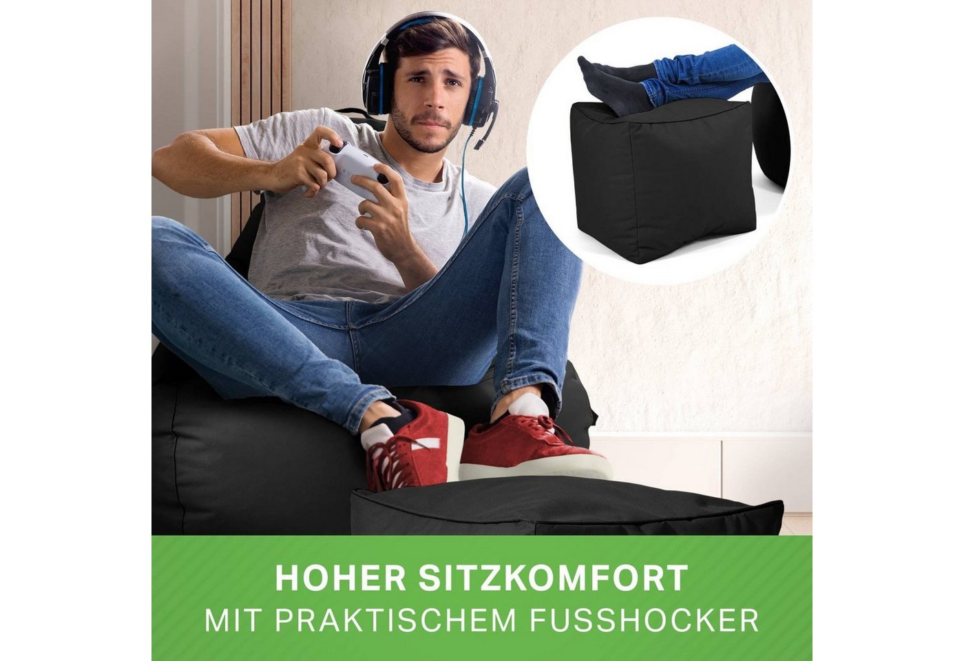 Green Bean Sitzsack Gaming Sitzsack + Hocker Cozy+Cube (2er Set Sitzsack + Hocker - fertig befüllt - robust waschbar schmutzabweisend -, Kinder & Erwachsene Bea – Bild 4 von 5