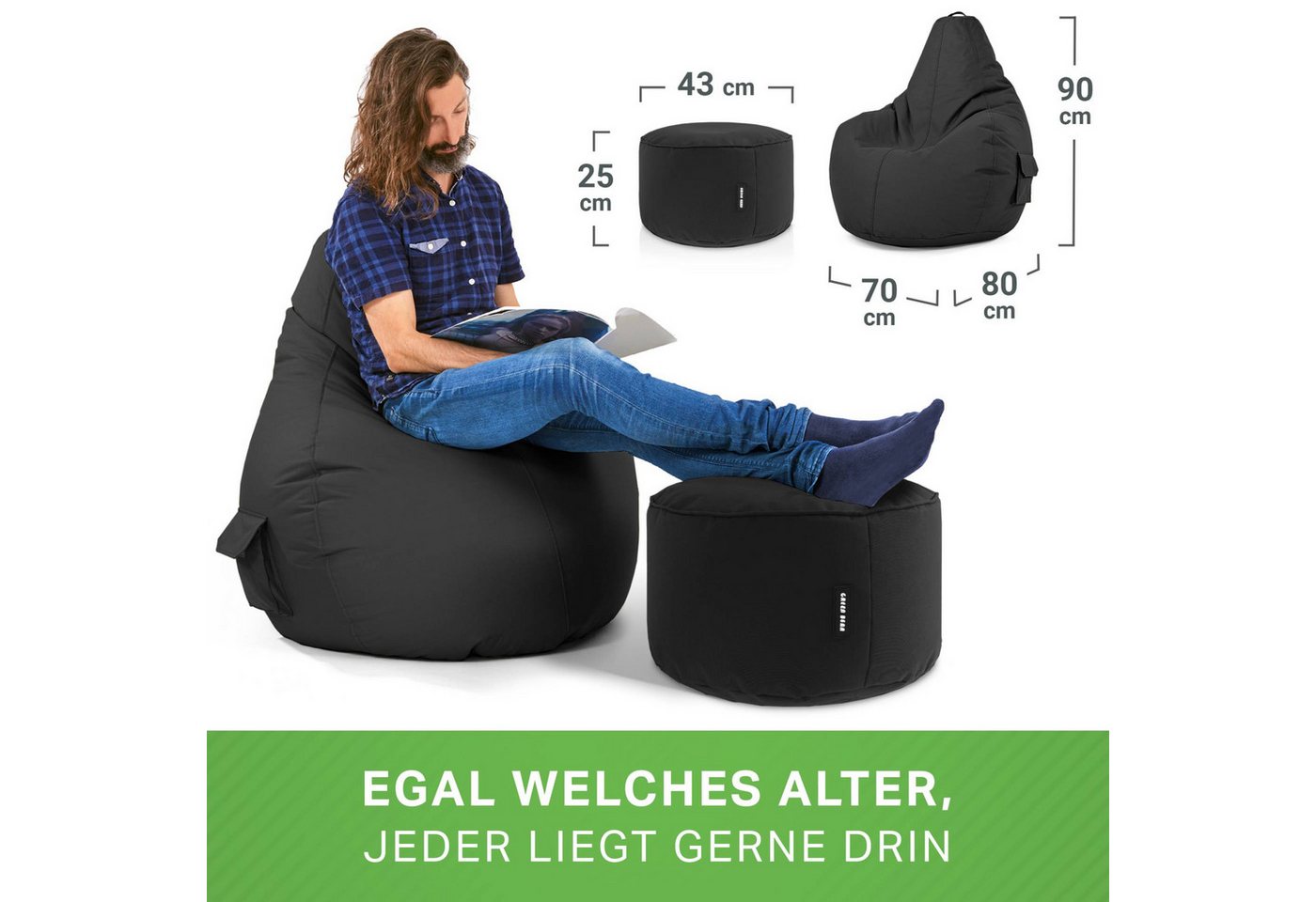 Green Bean Sitzsack Gaming Sitzsack + Hocker Cozy+Cube (Gaming Chair mit Fußhocker), Set Sitzsack mit Sitzhocker, Sitzkissen, Relax-Sessel – Bild 3 von 5