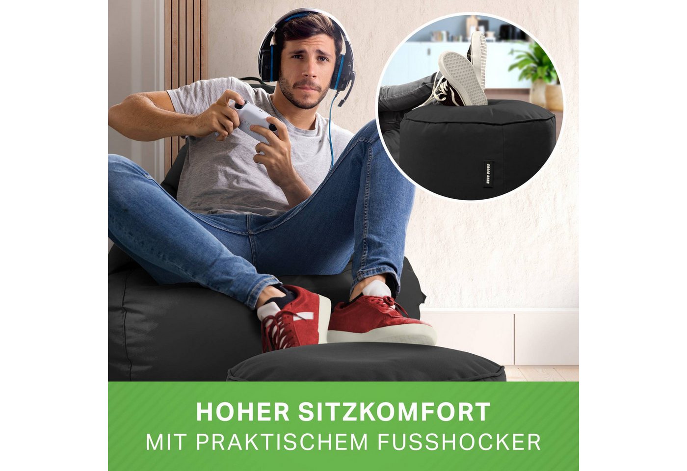 Green Bean Sitzsack Gaming Sitzsack + Hocker Cozy+Cube (Gaming Chair mit Fußhocker), Set Sitzsack mit Sitzhocker, Sitzkissen, Relax-Sessel – Bild 4 von 5