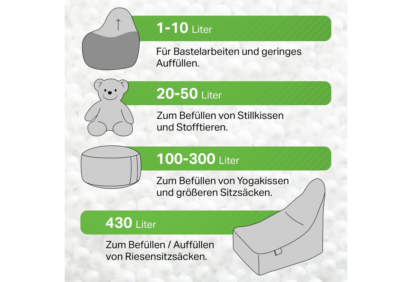 Green Bean Sitzsack Nachfüllpack EPS Perlen für Sitzsäcke - 50 L (1 Liter - 430 Liter, Made in Germany), Nachfüllpack für Sitzsack-Füllung, Stillkissen, Kopfkis – Bild 5 von 5