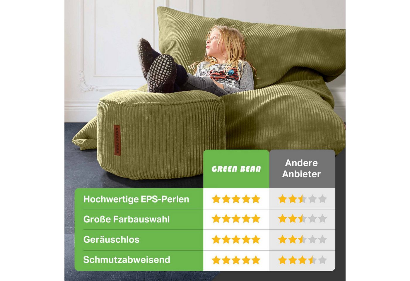 Green Bean Sitzsack XXL Sitzsack Square Cord + Hocker (Sitzsack + Hocker im Set - XXL Riesensitzsac mit passendem Fußhocker), Bean Bag Bodenkissen Liegekissen S – Bild 5 von 5