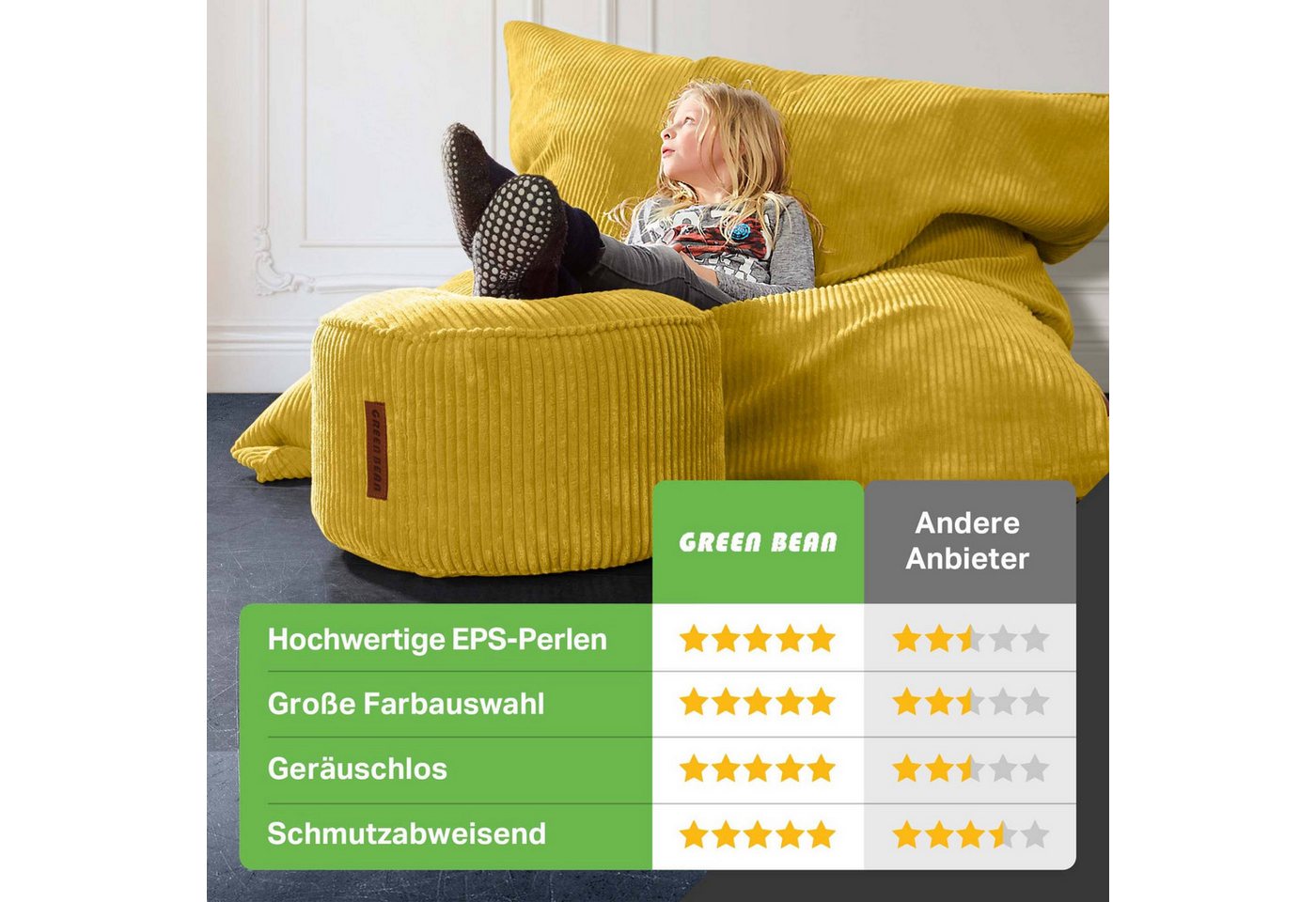 Green Bean Sitzsack XXL Sitzsack Square Cord + Hocker (Sitzsack + Hocker im Set - XXL Riesensitzsac mit passendem Fußhocker), Bean Bag Bodenkissen Liegekissen S – Bild 5 von 5