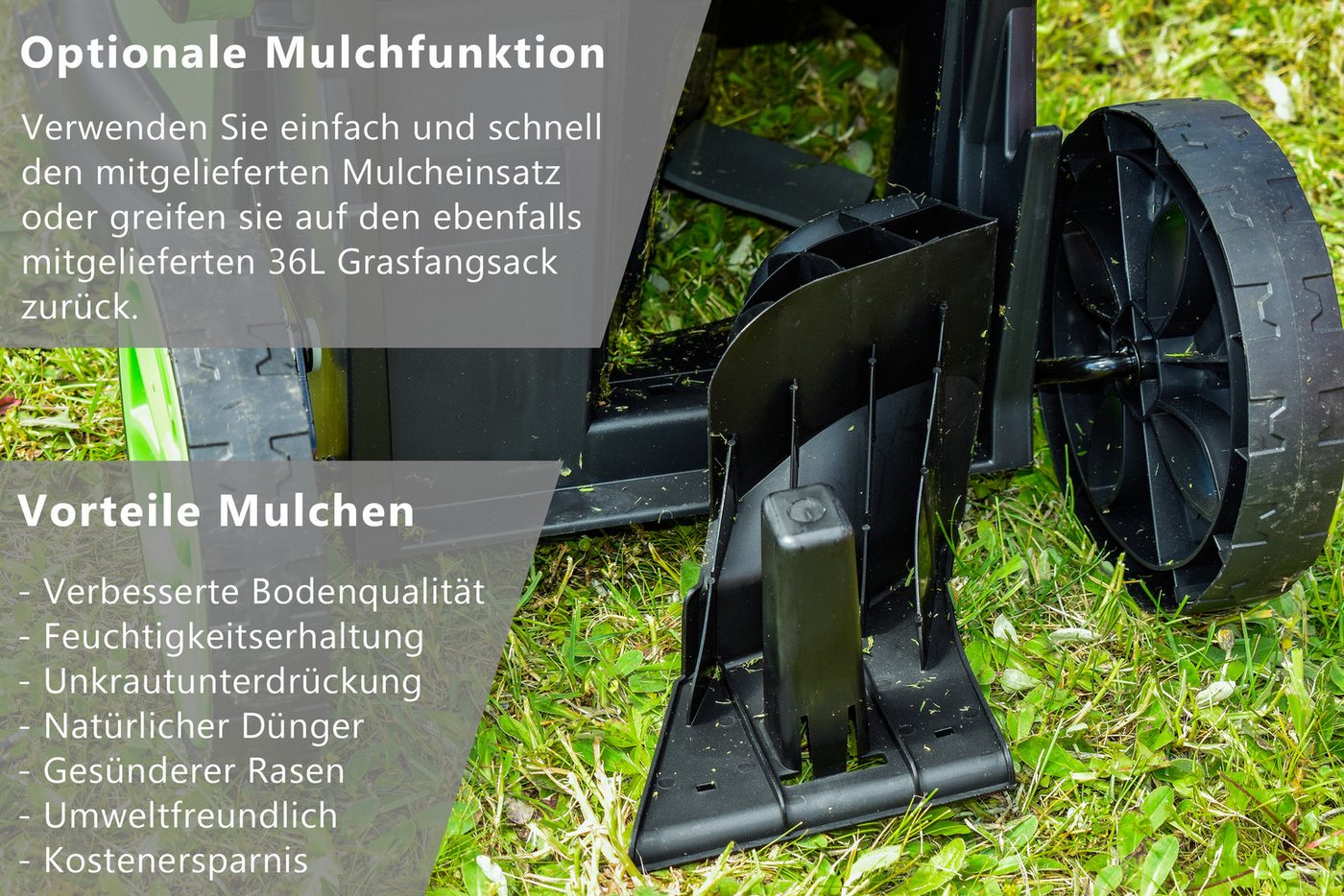 Green Tools Akkurasenmäher 36V mit optionaler Mulchfunktion - Schnittbreite 38cm - 36L Fangsack, 38 cm Schnittbreite, 38cm Schnittbreite, Höhen – Bild 4 von 5