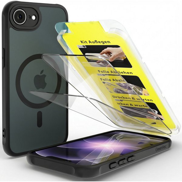 GreenHec Handyhülle iPhone 17e / 16e Hülle MagSafe Case Handy Schwarz Schutzhülle Cover 6,1 Zoll, Magnet Cover Magnetische Hülle Kameraschutz Black Matt Bumper 
