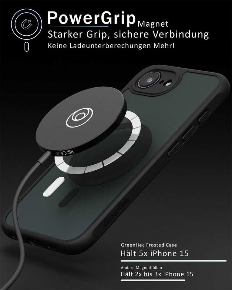 GreenHec Handyhülle iPhone 17e / 16e Hülle MagSafe Case Handy Schwarz Schutzhülle Cover 6,1 Zoll, Magnet Cover Magnetische Hülle Kameraschutz Black Matt Bumper  – Bild 3 von 5